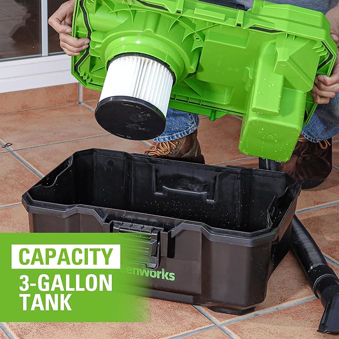 Greenworks 24V (3 Gallon) Cordless Wet/Dry Shop Vacuum + Accessories, Including 2.0Ah Battery and Charger