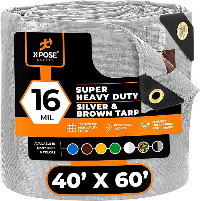 40' x 60' Super Heavy Duty 16 Mil Silver/Brown Poly Tarp Cover - Thick Waterproof, UV Resistant, Rip and Tear Proof Tarpaulin with Grommets and Reinforced Edges - by Xpose Safety