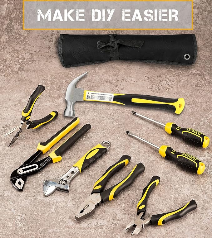 DOWELL Pliers Set - 8pcs, 10/8/6-inch Pliers & Wrench, Hammer, Tool Pouch