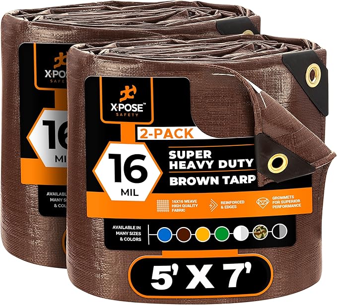 Xpose Safety Super Heavy-Duty 5' x 7' Brown Poly Tarp (2-Pack) - 16 Mil Waterproof & UV Resistant, Rip-Proof with Reinforced Edges & Grommets