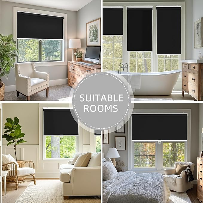 ChrisDowa Cordless Blackout Roller Shades for Windows, Thermal Insulated UV Protection Pull Down Shades, Total Blackout Window Blinds for Home, Office, Bedroom, Door (70" W x 72" H, Black)