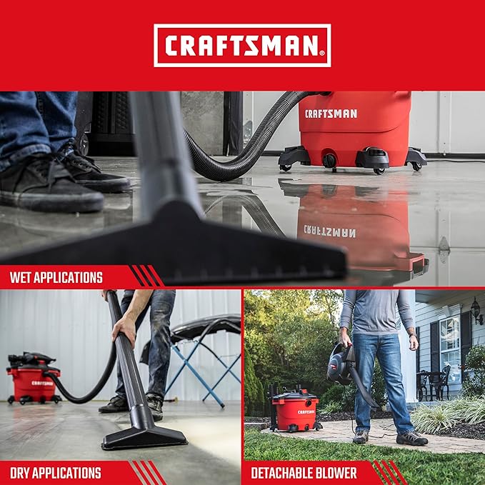 CRAFTSMAN CMXEVBE17607 16 Gallon 6.5 Peak HP Wet/Dry Shop Vac with Detachable Leaf Blower, Portable Shop Vacuum Wet and Dry with Filter, Dust Bag, Hose and Attachments for Garage, Outdoor Cleaning