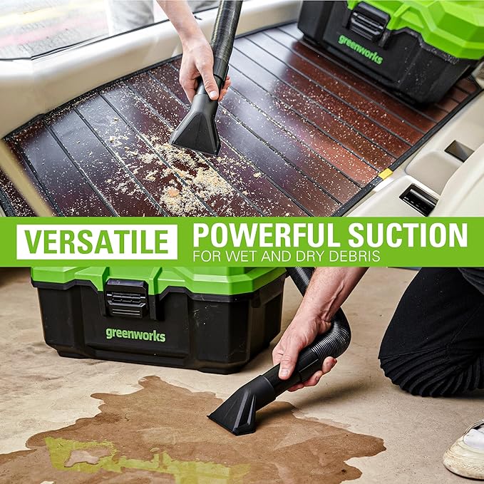 Greenworks 24V Brushless 3 Gallon Cordless Wet/Dry Shop Vacuum with with Hose, Crevice Tool, Floor Nozzle, 4.0Ah Battery and Charger Included