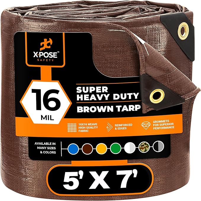 5' x 7' Super Heavy Duty 16 Mil Brown Poly Tarp Cover - Thick Waterproof, UV Resistant, Rip and Tear Proof Tarpaulin with Grommets and Reinforced Edges - by Xpose Safety