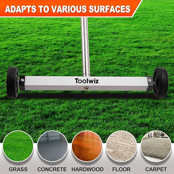 Toolwiz Magnetic Pick Up Sweeper 15-inch Heavy Duty Magnet Pickup Lawn Sweeper Roofing Tools, 10 Lbs Yard Tools with Telescoping Holder and Wheels to Clean Nails Adjustable Handle for Construction