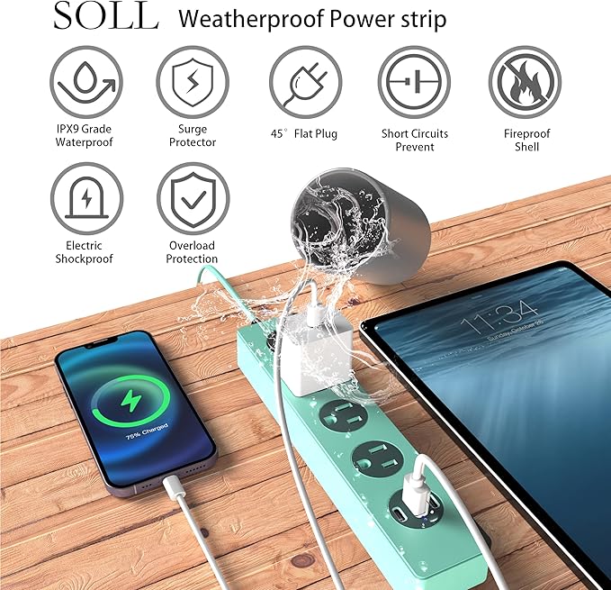 SOLL IPX9 Outdoor Power Strip Weatherproof, Surge Protector Power Strip with 3 Outlet and 3 USB Charging Ports(2 USB C), 6FT Extension Cord for Patio, Garden, Bathroom, Kitchen, Garage, Office