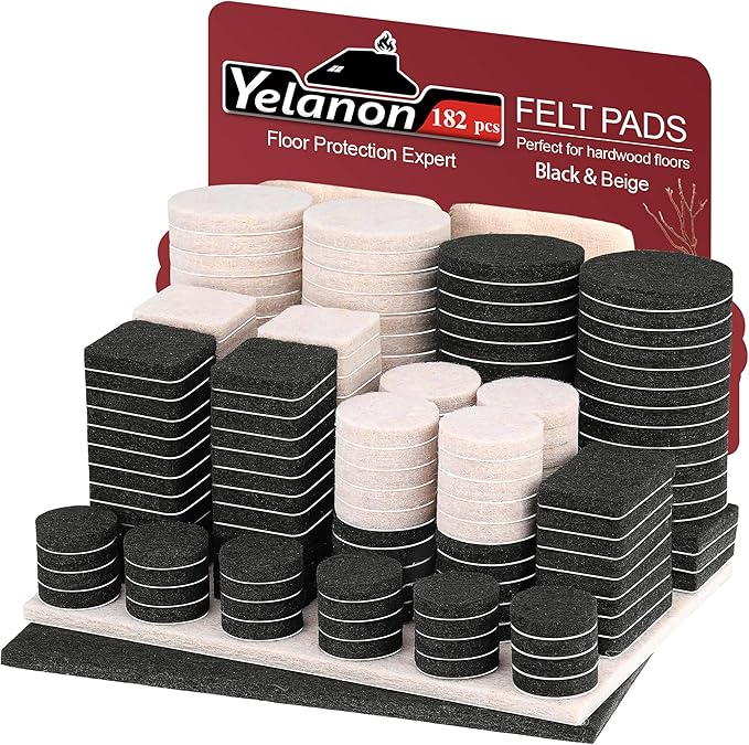 Yelanon Felt Furniture Pads -182 Pcs Premium Felt Pads for Chair Legs Furniture, Floor Protectors for Hardwood Floors,Black & Beige