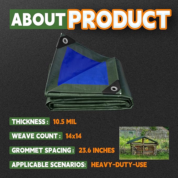 RAINDEWAY Tarps Heavy Duty Waterproof 15x20 Feet,10.5 Mil Waterproof Tarps for Outdoors,Multipurpose Poly Tarp Cover with Metal Grommets and Reinforced Edges,Green/Blue
