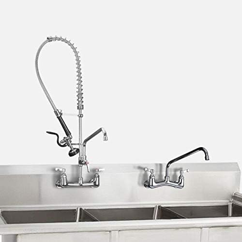Commercial Faucet with Sprayer, 36" Height 8 Inch Center Brass Constructed Wall Mount Kitchen Sink Faucet with Pull Down Pre-Rinse Sprayer and 12" Swing Spout Fit for 2/3 Compartment Sink