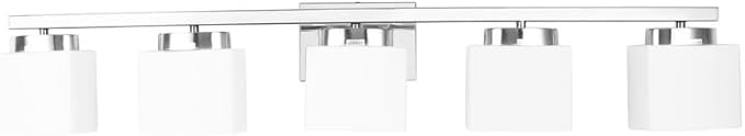 5-Light Modern Chrome Vanity Light Fixture with White Glass Shade for Bathroom Over Mirror, 40 Inches