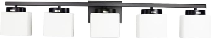 5-Light Matte Black Vanity Light Fixture with White Glass Shade for Bathroom Over Mirror, 40 Inches