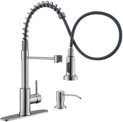 GIMILI Kitchen Faucet with Soap Dispenser, Commercial Single Handle Spring Brushed Nickel Pull Out Kitchen Sink Faucets with Pull Down Sprayer