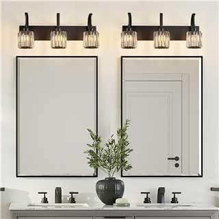 3-Light Crystal Vanity Light, Modern Black Bathroom Wall Sconce with K9 Crystal Shades, 23.62" Long Over Mirror Lighting for Vanity, Makeup, Hallway, Elegant & Durable