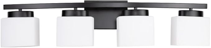 4-Light Matte Black Vanity Light Fixture with White Glass Shade for Bathroom Over Mirror, 31.5 Inches