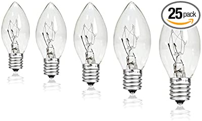 25 Pack C7 Clear Replacement Bulbs, 120V 5W Incandescent, C7 Christmas Lights, E12 Candelabra Base, Halloween Bulbs Warm White for Patio Outdoor String Lights Decor, Night Light