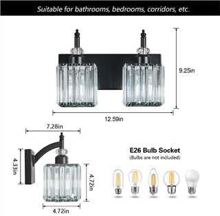Crystal Vanity Lights - Black, 2 Light Modern Bathroom Vanity Light Fixtures Over Mirror