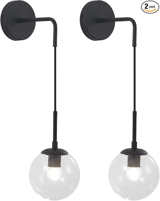 KCO Lighting Black Globe Wall Sconce Set of 2 Mid Century Modern Wall Light with Clear Glass Shade Vintage Adjustable Wall Lamp for Bathroom Mirror Bedside Stairs (Clear)