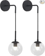 KCO Lighting Black Globe Wall Sconce Set of 2 Mid Century Modern Wall Light with Clear Glass Shade Vintage Adjustable Wall Lamp for Bathroom Mirror Bedside Stairs (Clear)