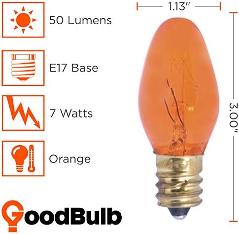 GoodBulb 7-Watt Incandescent C9 Shape Transparent Light Bulbs Orange Light Color Intermediate E17 Base 50 Lumens Christmas Lights Bulbs Ideal for Holiday Decorations Pack of 25 Bulbs