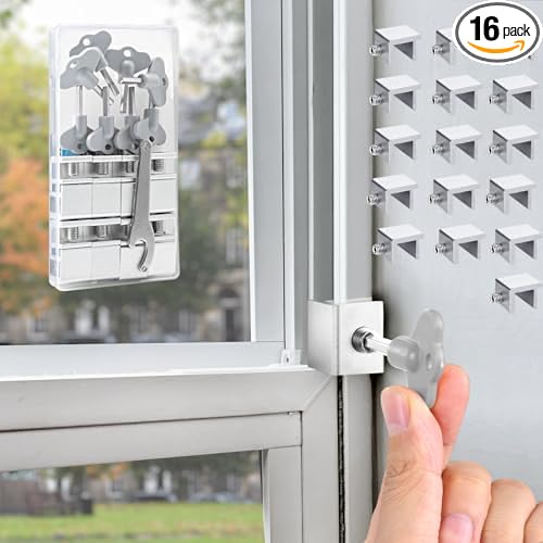 [16 Sets] Sliding Window Lock with Key Aluminum Alloy Adjustable Security Lock (Silver) Single Hole Quick Installation Anti-Theft and Anti-Theft Suitable for Vertical/Horizontal Windows