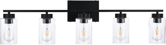 5 Light Bathroom Vanity Light Fixtures, Matte Black Modern Wall Lights with Clear Glass Shade, Vintage Wall Sconce Lighting for Living Room, Mirror, Bedroom, Hallway (Black, 5-Lights)