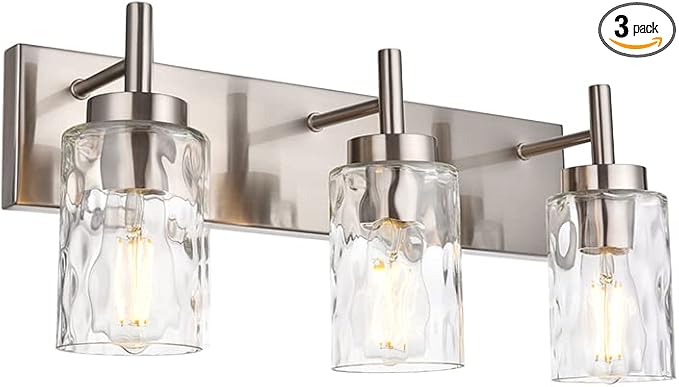 BONLICHT Brushed Nickel Vanity Light Modern 3 Light Bathroom Lighting Fixture Over Mirror with Clear Hammered Glass Shade, Industrial Indoor Farmhouse Wall Mounted Lamp for Powder Room Kitchen Hallway