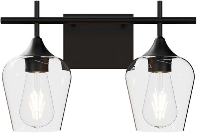 Vanity Bathroom Light, 2-Light Bathroom Light Fixtures Over Mirror, Black Vanity Lights for Bathroom with Clear Glass, Modern Wall Lamp for Cabinet Hallway, Bedroom