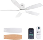 52inch Flush Mount Ceiling Fans with Lights and Remote/APP Control, Dimmable LED, Reversible DC Motor, Noiseless, Low Profile White Ceiling Fan for Livingroom, Indoor/Outdoor Use