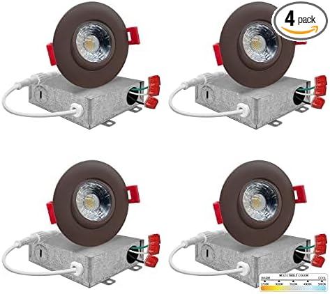 NUWATT 3 Inch LED Gimbal Recessed Downlight, 4 Pack, Canless All-in-1 LED Light with 5 CCT Color Switch 2700K - 5000K, 8W, 600 Lumens, 120V, Dimmable, Matte Bronze Finish