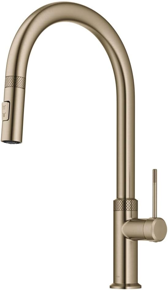 KRAUS Oletto Modern Industrial Pull-Down Single Handle Kitchen Faucet in Brushed Gold, KPF-2654BG