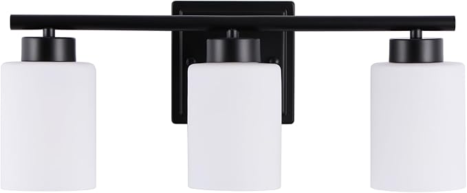 3 Light Bathroom Light Fixtures, 19.2 Inches Vanity Lights for Mirror, Black Vanity Lighting Fixtures with Milky White Glass Shades