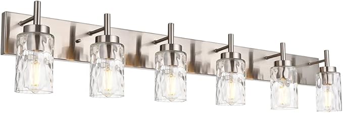 BONLICHT Mid-Century Bathroom Vanity Wall Light with Clear Water Glass, Farmhouse 6 Light Bath Lighting Over Mirror Modern Brushed Nickel Sconce Wall Lamp for Dining Room Dressing Table Vanity Table