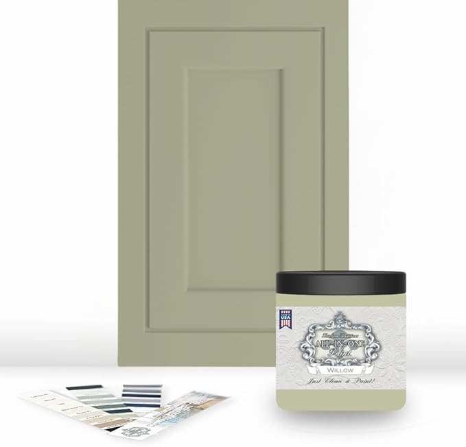 ALL-IN-ONE Paint, Durable cabinet and furniture paint. Built in primer and top coat, no sanding needed. Includes our 30 featured color card - Willow, 8oz Sample