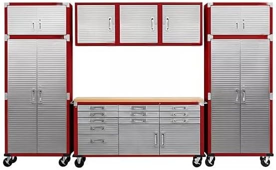 Heavy Duty 8-Piece Steel Garage Cabinet Storage Set with Rolling Workbench, 12 Feet Wide (Red)