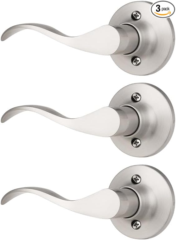 Mengico 3 Pack Satin Nickel Dummy Door Lever, Single Left Side Door Handle for Closets, Non-Turning Pull Only Lever Set, Wave Style Interior Door Knob