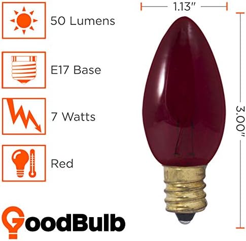 GoodBulb 7-Watt Incandescent C9 Shape Red Transparent Holiday Light Bulbs Intermediate E17 Base 50 Lumens Christmas Lights Bulbs Ideal for Holiday Decorations Pack of 25 Bulbs