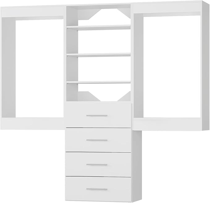 96" Modular Closet with Hanging and Drawers, White Wood Tower for Walk-In Closets, Wall-Mounted Wardrobe Organizer