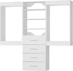 96" Modular Closet with Hanging and Drawers, White Wood Tower for Walk-In Closets, Wall-Mounted Wardrobe Organizer
