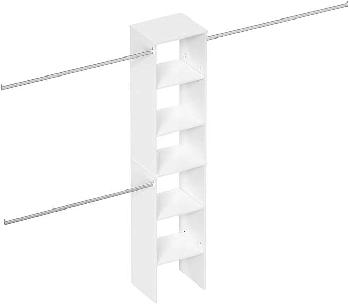 Closet System, 17" Wide Organizer with 3 Hanging Rods, Wood Tower Storage for Walk-In Closets, Wall-Mounted Wardrobe Organizer Kit, White
