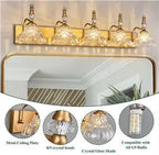 Vintage Bathroom Vanity Light, 5-Light Brass Vanity Lighting Fixture with Flower Glass Shade, Bathroom Lighting Fixtures Over Mirror