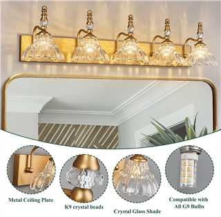 Vintage Bathroom Vanity Light, 5-Light Brass Vanity Lighting Fixture with Flower Glass Shade, Bathroom Lighting Fixtures Over Mirror