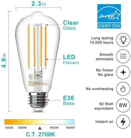 TJOY 36 Pack Vintage 8W ST58 LED Edison Light Bulbs, Dimmable, 60W Equivalent, 800Lumens, 2700K Warm White, E26 Base LED Filament Bulb, CRI80+, Antique Glass Style for Home, Bedroom, Office, Farmhouse