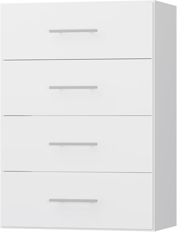 4 Drawer Short Tower, Modular Wood Closet System Organizer with Storage, Clothing Rack for Hanging Clothes, White, 25.5"W