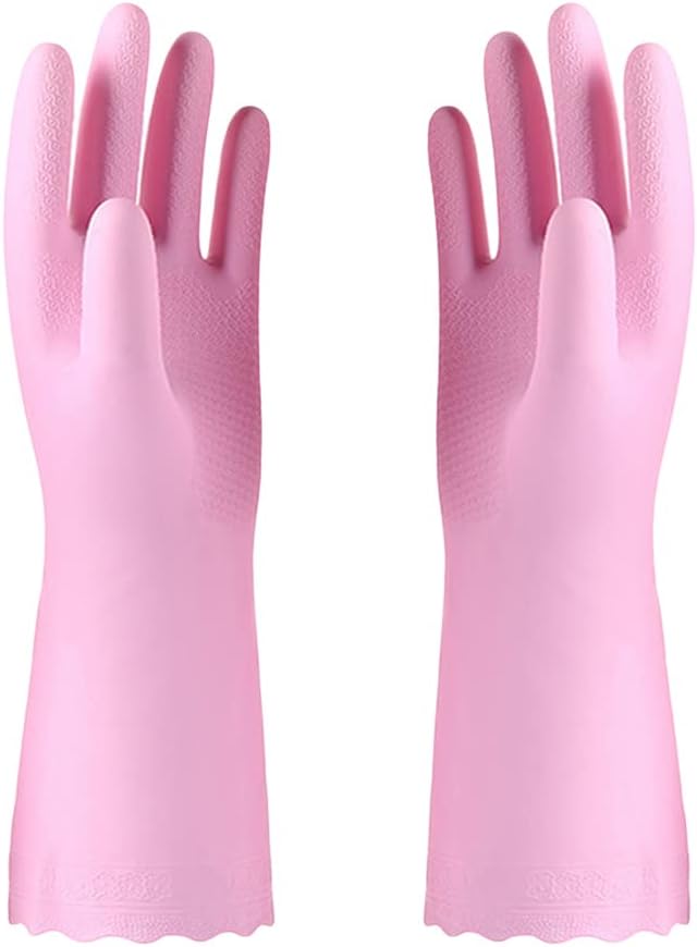 Alimat PluS 1 Pack Reusable Cleaning Gloves Latex Free (Medium), Dishwashing Gloves with Cotton Flock Liner and Embossed Palm, Waterproof Household Gloves for Laundry, Gardening(Pink)