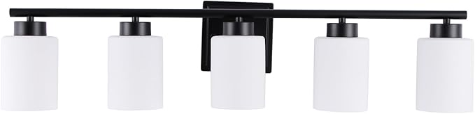 5 Light Bathroom Light Fixtures, 33.3 Inches Vanity Lights for Mirror, Black Vanity Lighting Fixtures with Milky White Glass Shades