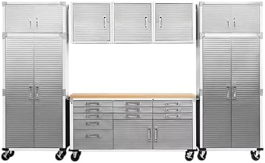 Heavy Duty 8-Piece Steel Garage Cabinet Storage Set with Rolling Workbench, 12 Feet Wide (White)
