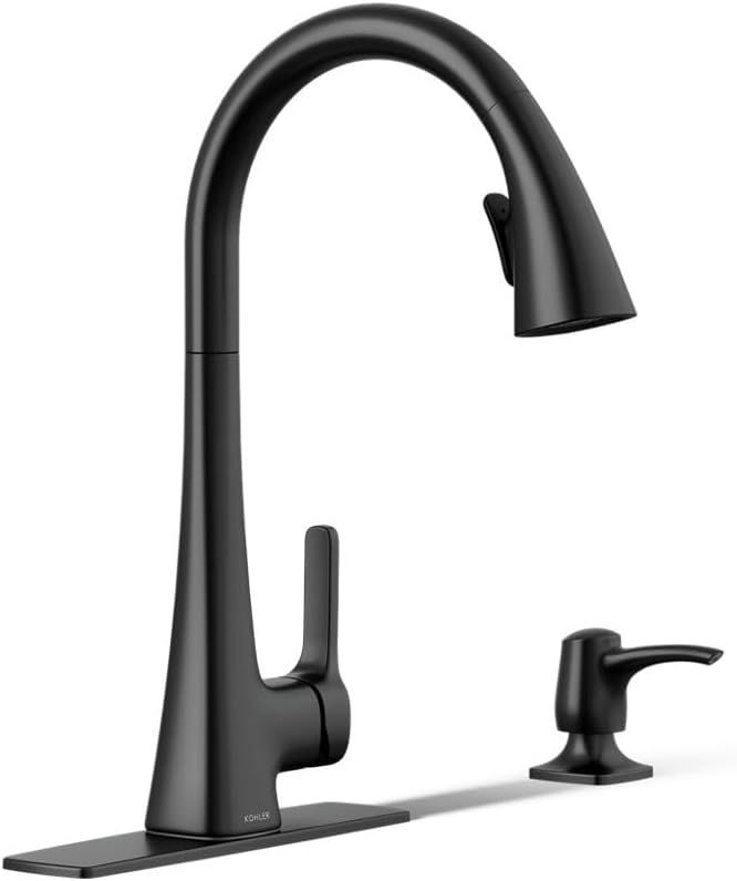 KOHLER R22867-SD-BL Maxton Pull-Down Kitchen Faucet with Soap Dispenser, Pull Down Sprayer, Matte Black