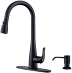 Kitchen Faucet with Soap Dispenser and Pull Down Sprayer - Stainless Steel Single Handle Kitchen Sink Faucet, 1 or 3 Hole Design for Modern Farmhouse Kitchens, Rv, and Bar Sinks (Matte Black)