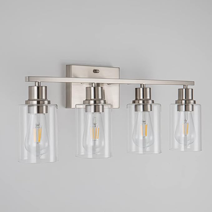 EMONG Brushed Nickel Bathroom Light Fixtures, 4-Light Vanity Lights with Clear Glass Shade, Wall Sconces for Hallway, Farmhouse, Living Room, Kitchen