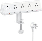 6.5 FT Desk Clamp Power Strip with 5 AC Outlets & 6 USB Ports PD 40W USB-C Fast Charging, 1250J Surge Protector, Fits 2.6 in top Edge White